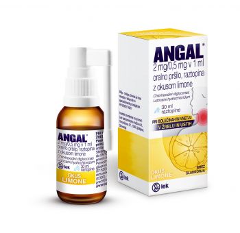 ANGAL 2 mg/0,5 mg v 1 ml oralno pršilo, raztopina z okusom limone (30 ml)